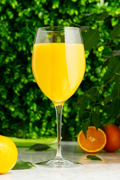Glas Frischer Orangensaft Mit Frischen Früchten Vor Grünem Hintergrund Frischer — Stockfoto