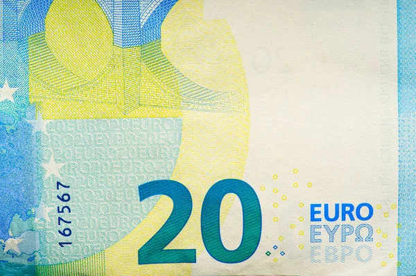 Fragment Twenty Euro Bill Euro Banknote Close Euro Official Currency — ストック写真