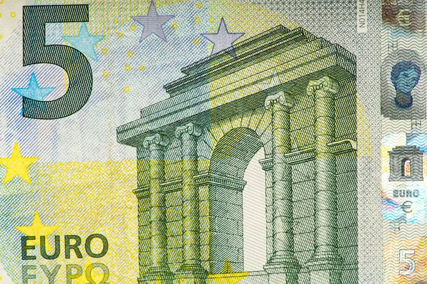 Fragment Five Euro Bill Euro Banknote Close Euro Official Currency — Stock Photo, Image