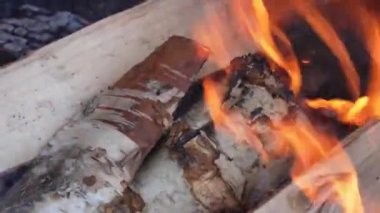 Büyük kütüklerden alevler. Sıcak şenlik ateşi, şömine barbeküye hazır. Şenlik ateşi yakın çekim. Açık hava yangını