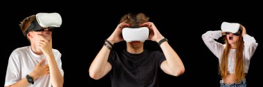 Set of young people with virtual reality glasses on color background. Cyber technology and new virtual reality. VR Goggles to interact with metaverse, banner