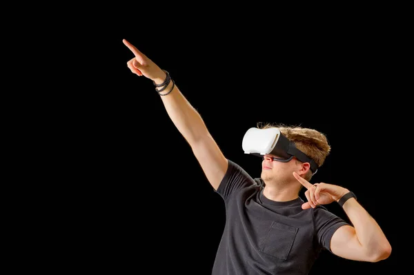 Portrait Young Man Virtual Reality Glasses Young Man Using White — Fotografia de Stock