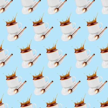 Beyaz arka planda kusursuz desenler, düşen kahve fincanı, kahve fincanı, kahvehane afişi..