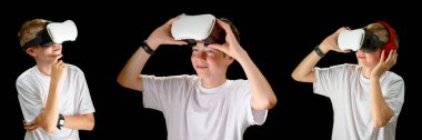 Set of young people with virtual reality glasses on color background. Cyber technology and new virtual reality. VR Goggles to interact with metaverse, banner