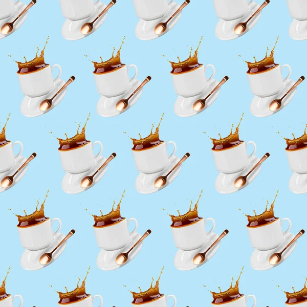 Nahtloses Muster Auf Weißem Hintergrund Fallende Kaffeetasse Spritzt Kaffee Banner — Stockfoto