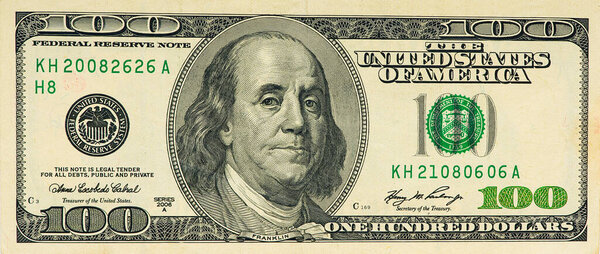 Large fragment of 100 hundred dollars bill banknote. Old American money banknote, vintage retro, United States of America. usd