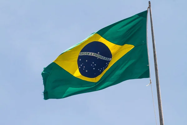 Brazil Flag Outdoors Beautiful Blue Sky Background — Stock Photo, Image