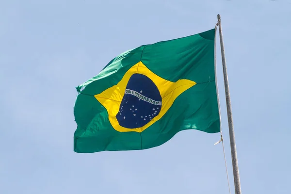 Brazil Flag Outdoors Beautiful Blue Sky Background — Stock Photo, Image