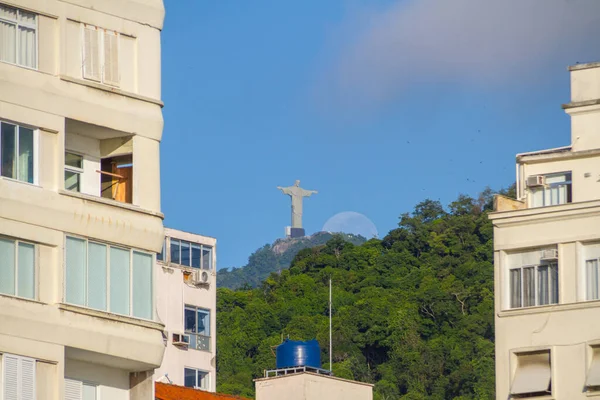 Cristo Redentor Lua Vistos Copacabana Rio Janeiro Brasil Janeiro 2022 — Fotografia de Stock