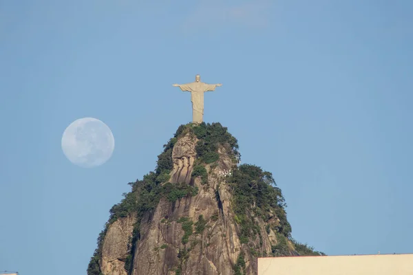 Kristus Frälsaren Och Fullmånen Rio Janeiro Brasilien April 2022 Fullmåne — Stockfoto