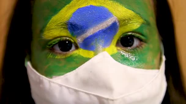 Woman Flag Brazil Painted Her Face White Mask — Vídeo de stock