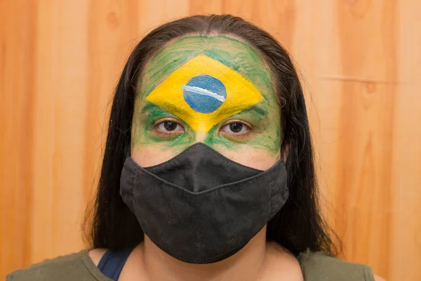 Woman Flag Brazil Painted Her Face Black Mask Rio Janeiro — Foto Stock