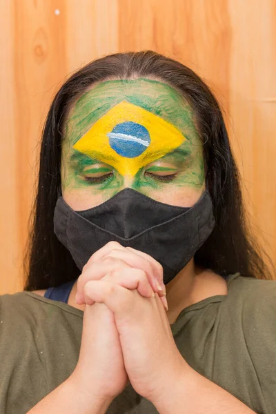 Woman Flag Brazil Painted Her Face Black Mask Rio Janeiro — Zdjęcie stockowe