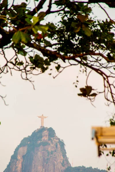 Alvorada Praia Urca Com Uma Bela Vista Cristo Redentor Rio — Fotografia de Stock
