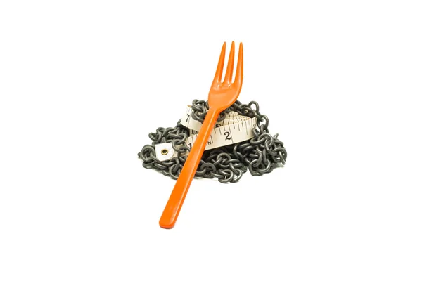 测量磁带，叉子和链上白色孤立。概念的饮食, — 图库照片