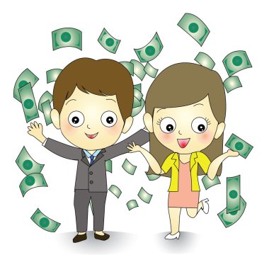 business çift uçan para ile mutlu kazanan