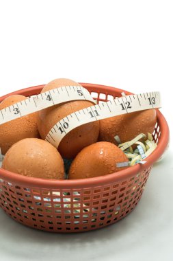 ölçme bant üzerinde beyaz izole plastik sepet içinde ve yumurta