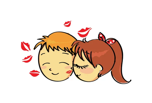 相爱可爱的情侣接吻用口红在他的脸上标记 — 图库矢量图片