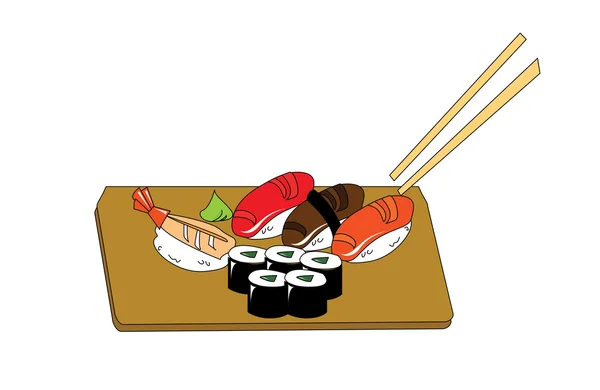 Vector de sushi en el plato de madera y palillos — Vector de stock