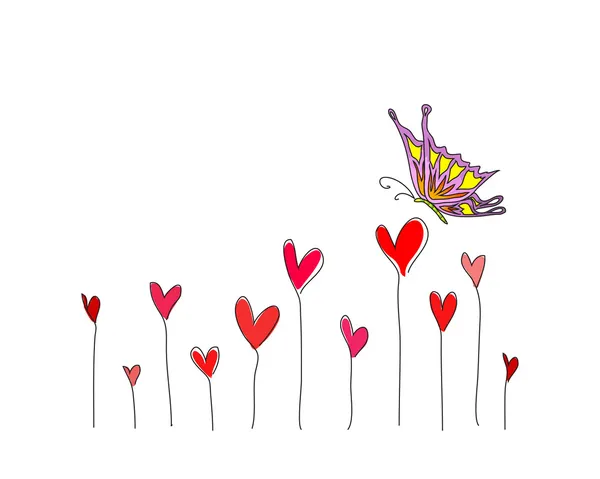 Kalp çiçek kelebek ile — Stok Vektör