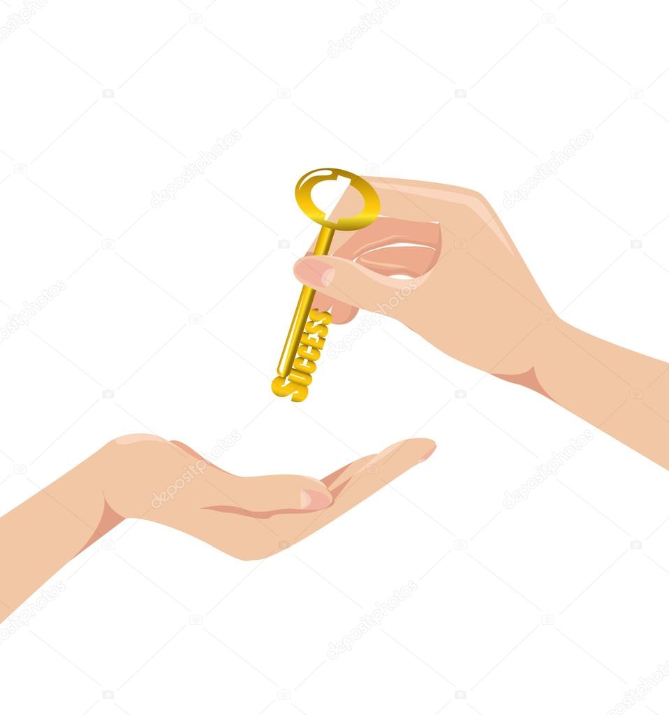 Hand giving yellow key to each other Concept buying and selling house Vector illustration