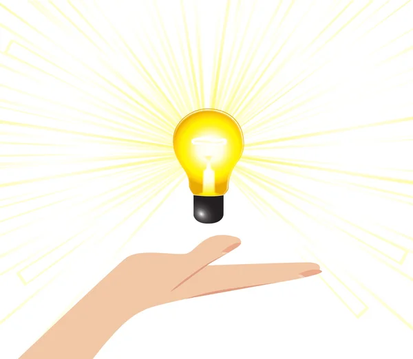 Female hand with bright light bulb concept present idea — Stock Vector