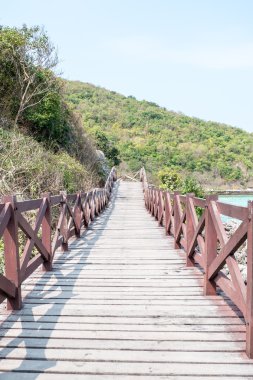 Ahşap köprüye güzel deniz manzarası ve koh beyaz kumlu plaj lan, pattaya, Tayland