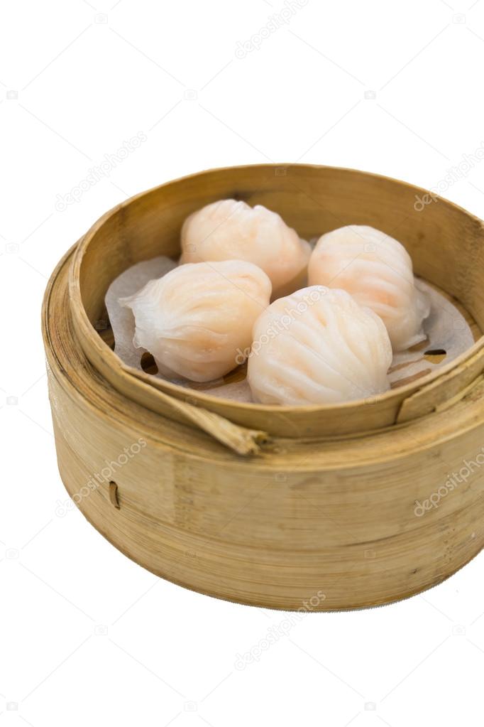 Chinese dim sum 'Hagao' in bamboo basket isolated on white