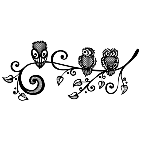 Three Owls on Ornate Branch — Stock Vector