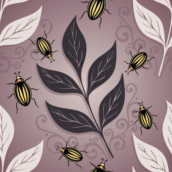 Seamless Ornate Floral Pattern with Beetles — Stock Vector
