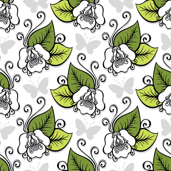 Motif floral orné sans couture avec des papillons — Image vectorielle