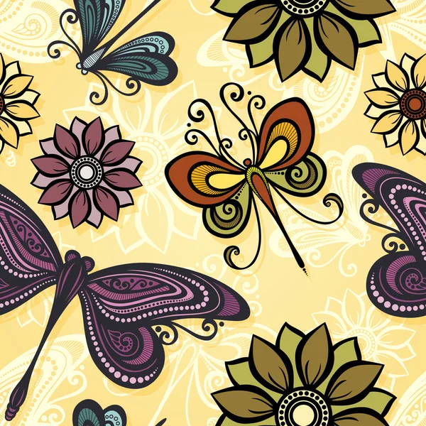 Seamless Ornate Floral Pattern with Butterflies — Stock Vector
