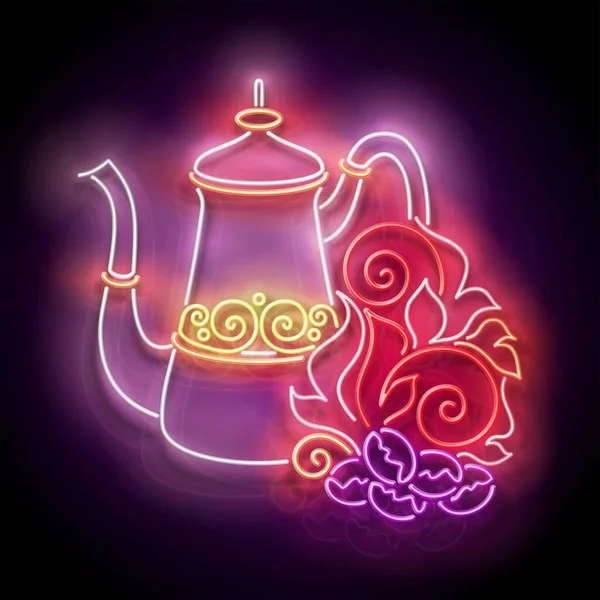Glow Decorated Turkiska Potten Och Rostade Eld Kaffebönor Café Label — Stock vektor