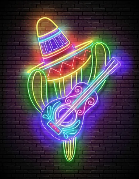 Glow Μεξικάνικος Κάκτος Σομπρέρο Κιθάρα Χαριτωμένη Τραγουδίστρια Μαριάτσι Σάινι Νήον — Διανυσματικό Αρχείο