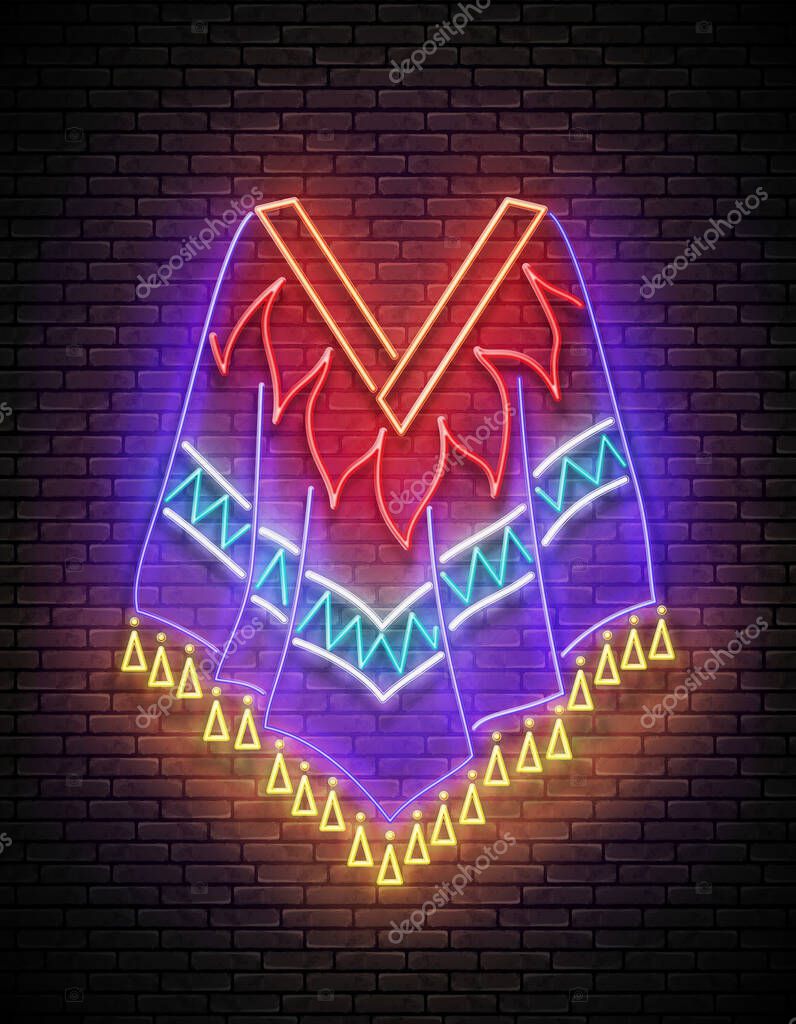 Glow Poncho, Ethnic Mexican Culture. Day of the Dead, Dia de los Muertos, Cinco de Mayo Holidays. Shiny Neon Poster, Flyer, Banner, Postcard, Invitation. Brick Wall. Vector 3d Illustration
