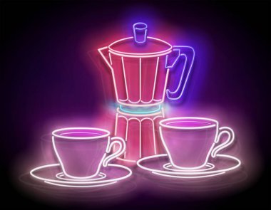 Glow Cups of Coffee ve Geyser Coffee Maker. Cafe Label, Sabah İçkisi. Neon Poster, Flyer, Banner, Davetiye. Parlak Arkaplan. Vektör 3d Görüntü