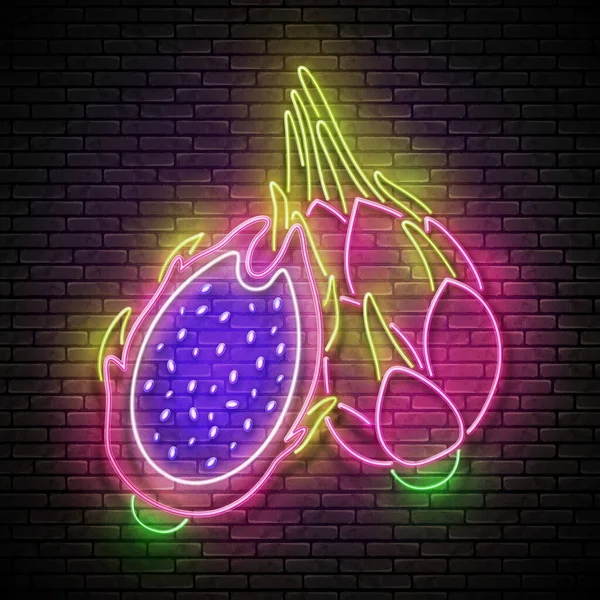 グローカットとドラゴンフルーツ全体 Pitahaya エキゾチックな夏の果物 ネオンライトポスター フライヤー バナー ブリック ウォール ベクトル3Dイラスト — ストックベクタ