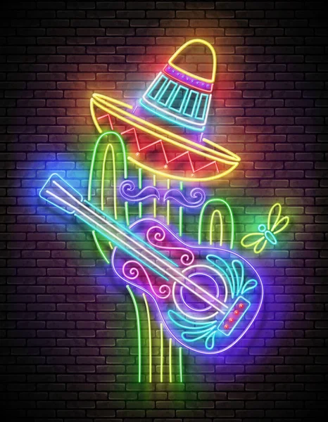 Brillante Cactus Mexicano Sombrero Con Guitarra Linda Cantante Mariachi Cartel — Vector de stock