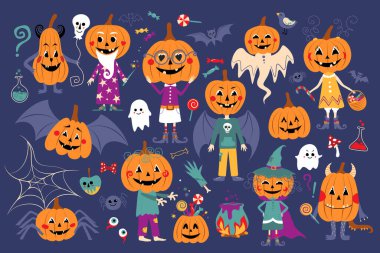 Big Collection of Halloween Characters. Witch and Wizard, Schoolgils and Vampire, Zombie and Ghosts, Spider and Bat, Monsters and Lot of Deco Elements.  Hand Drawn Style. Vector Illustration