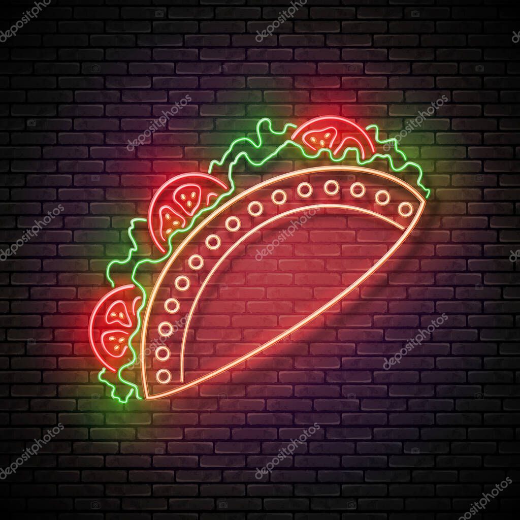 Glow Mexican tacos with tomatos. Traditional ethnic food, appetizer. Neon Light Poster, Flyer, Banner, Signboard. Brick Wall. Vector 3d Illustration