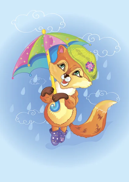 Fox marche avec un parapluie un jour de pluie — Image vectorielle