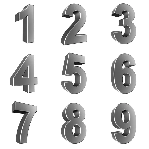 Number from 1 to 9 in chrome over white background — Stock Photo, Image