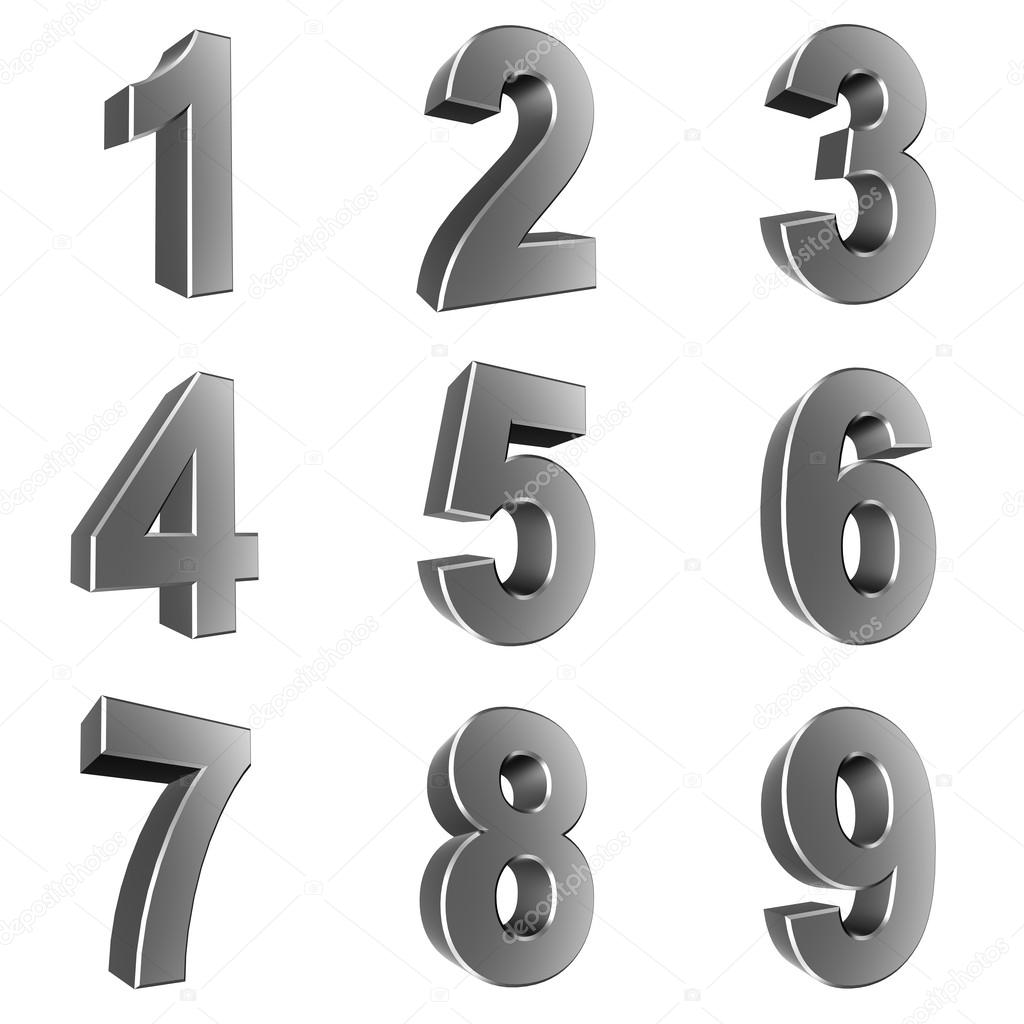 Number from 1 to 9 in chrome over white background