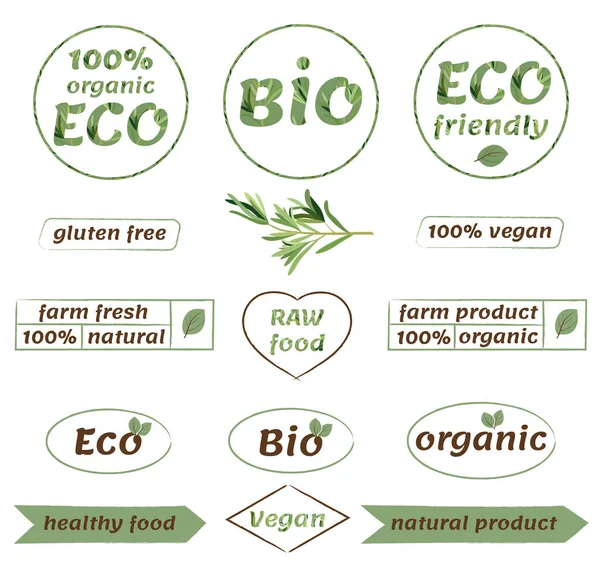 Biologische Iconen Logo Etiketten Bio Ecologie Gezond Eten Pictogrammen Grondstoffen — Stockvector
