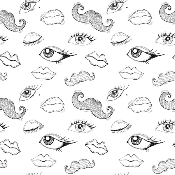 Ojos de dibujos animados, labios y bigote patrón sin costuras — Vector de stock