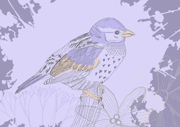 花の背景に描かれた鳥を手します。 — ストックベクタ