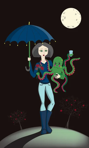 Girl with Octopus — Stock Vector