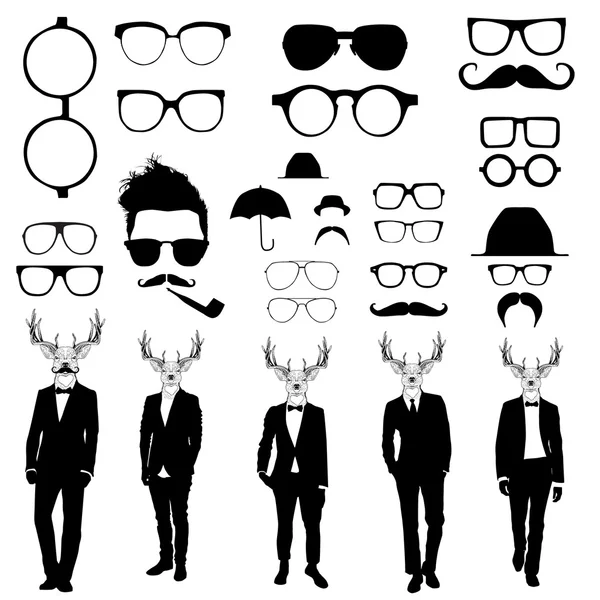 Set of glasses and men with deer heads — Stock Vector