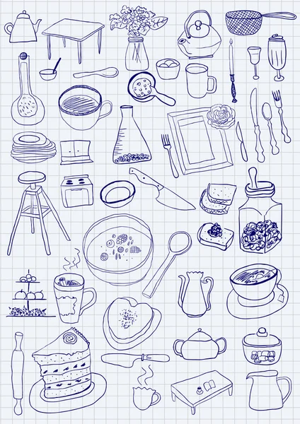 Kağıt arka plan üzerinde mutfak nesneleri — Stok Vektör