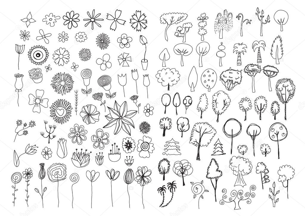 Set of flowers and trees doodles